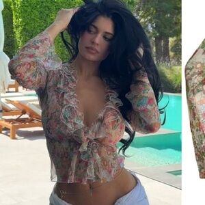 Kylie Jenner - Christian dior vintage Silk Floral Ruffle Sheer Blouse
